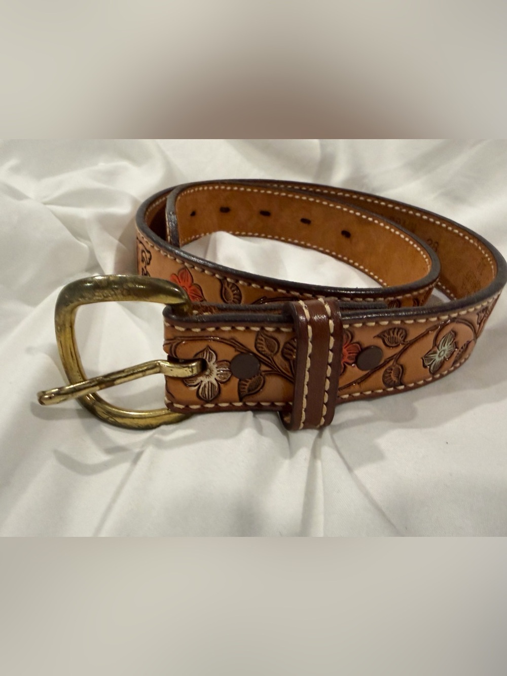 Vintage Tooled Full Grain Leather Western Cowgirl Belt Size 28 Floral